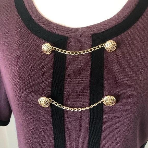 Ming Wang button detail contrast trim soft knit dress  burgundy black size M - Picture 4 of 14